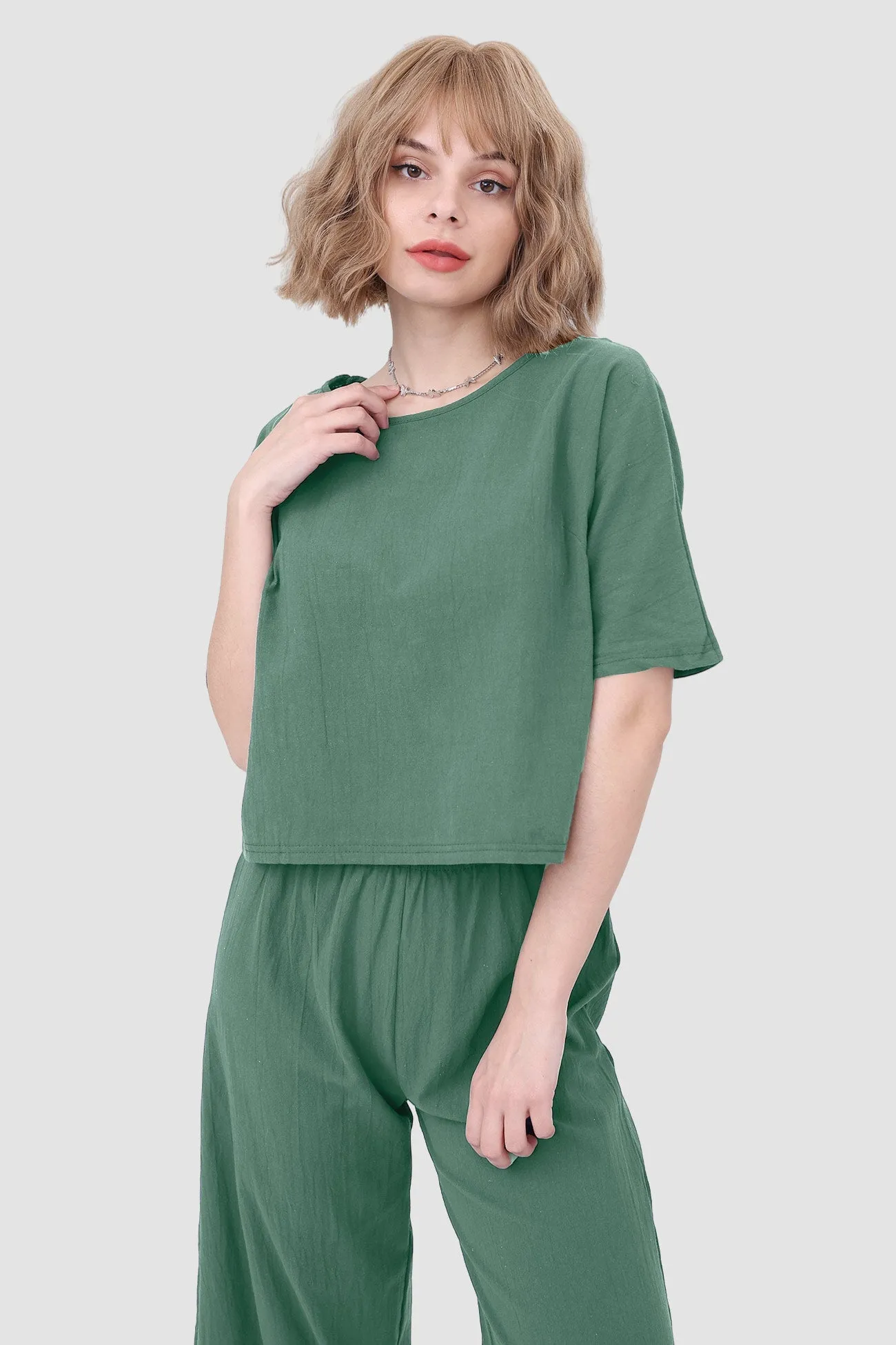 Solid Short Sleeve Top & Elastic Waist Pants