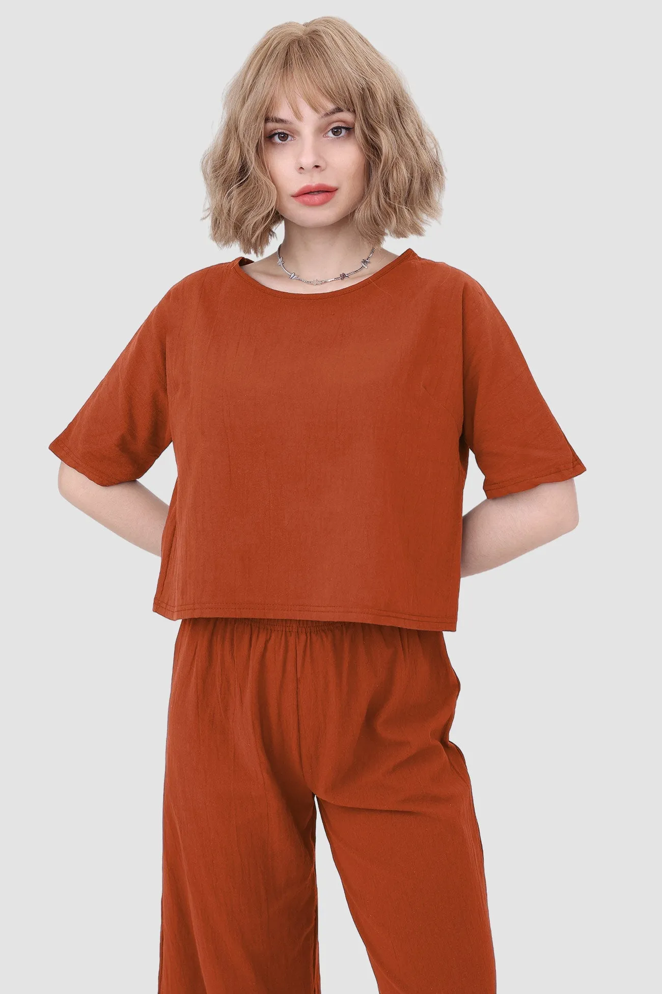 Solid Short Sleeve Top & Elastic Waist Pants