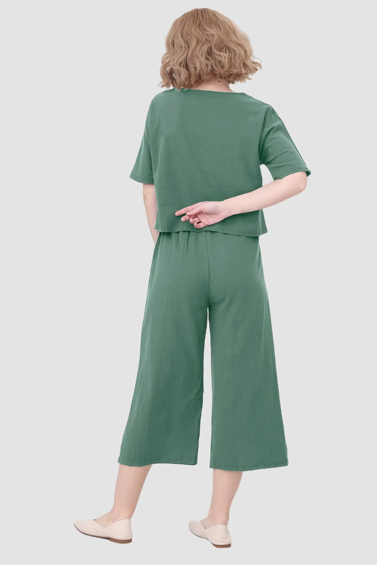 Solid Short Sleeve Top & Elastic Waist Pants