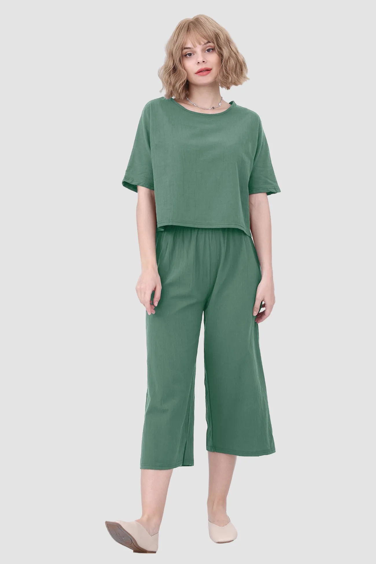 Solid Short Sleeve Top & Elastic Waist Pants