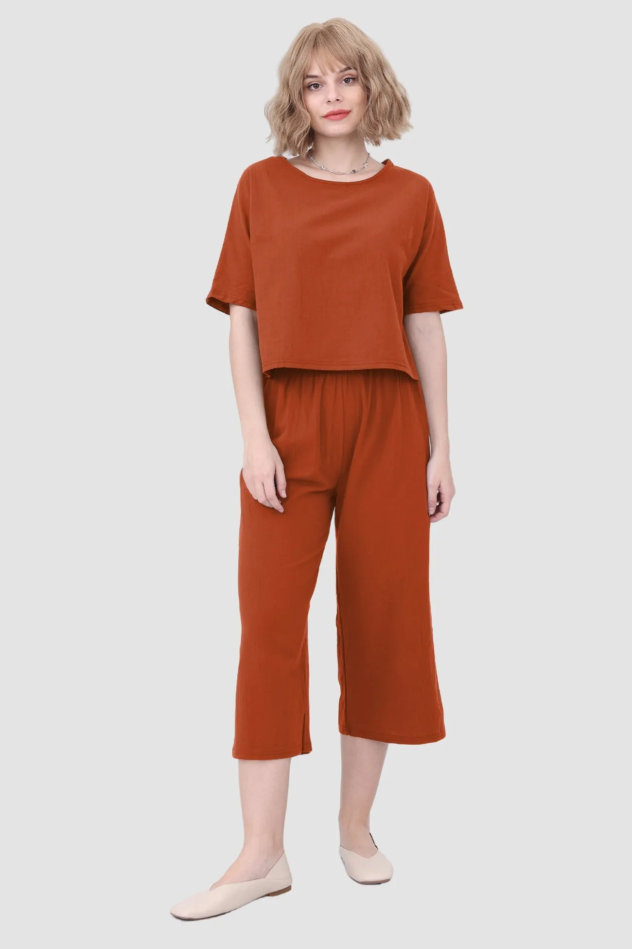 Solid Short Sleeve Top & Elastic Waist Pants