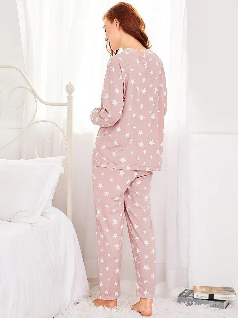 Stars Print Pullover & Pants Pj Set