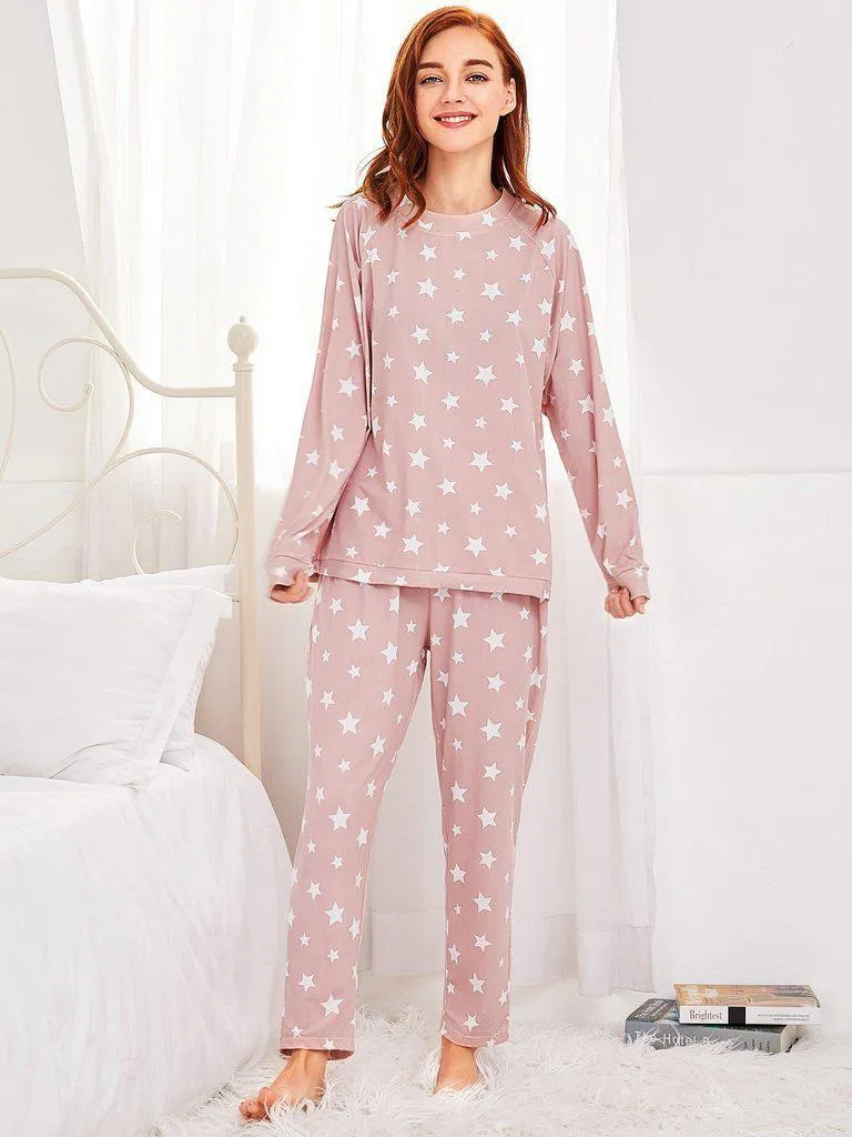 Stars Print Pullover & Pants Pj Set