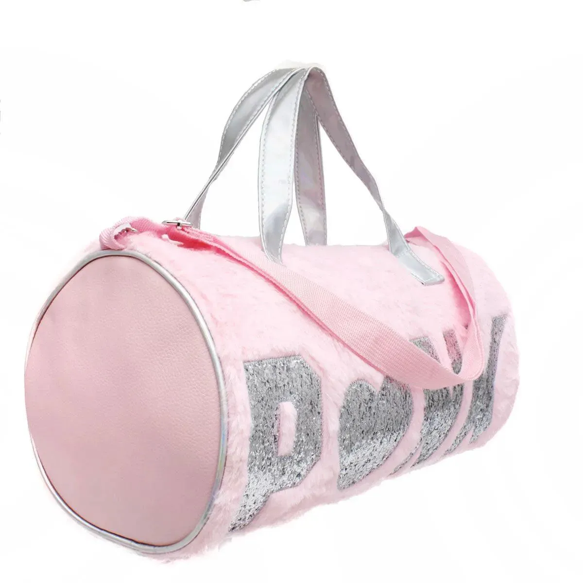 Super Cute Pink Faux Fur Silver Glitter Duffle Bag