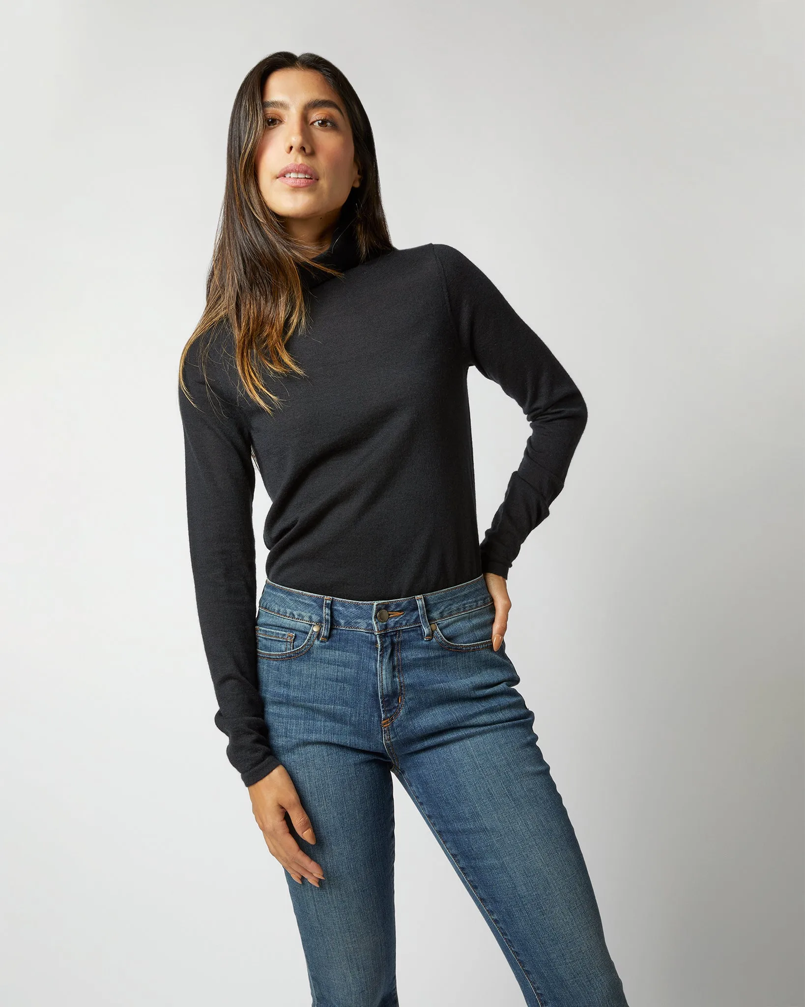 Superfine Funnel-Neck Sweater in Black Cashmere