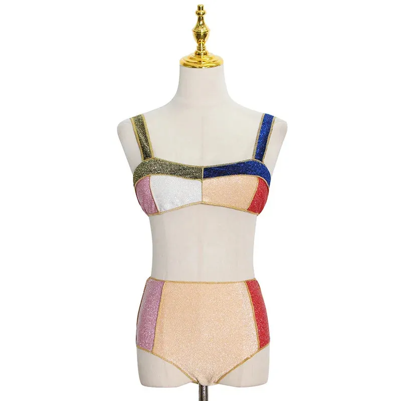 TEEK - Two Piece Color Strips High Waist Shorts Bikini