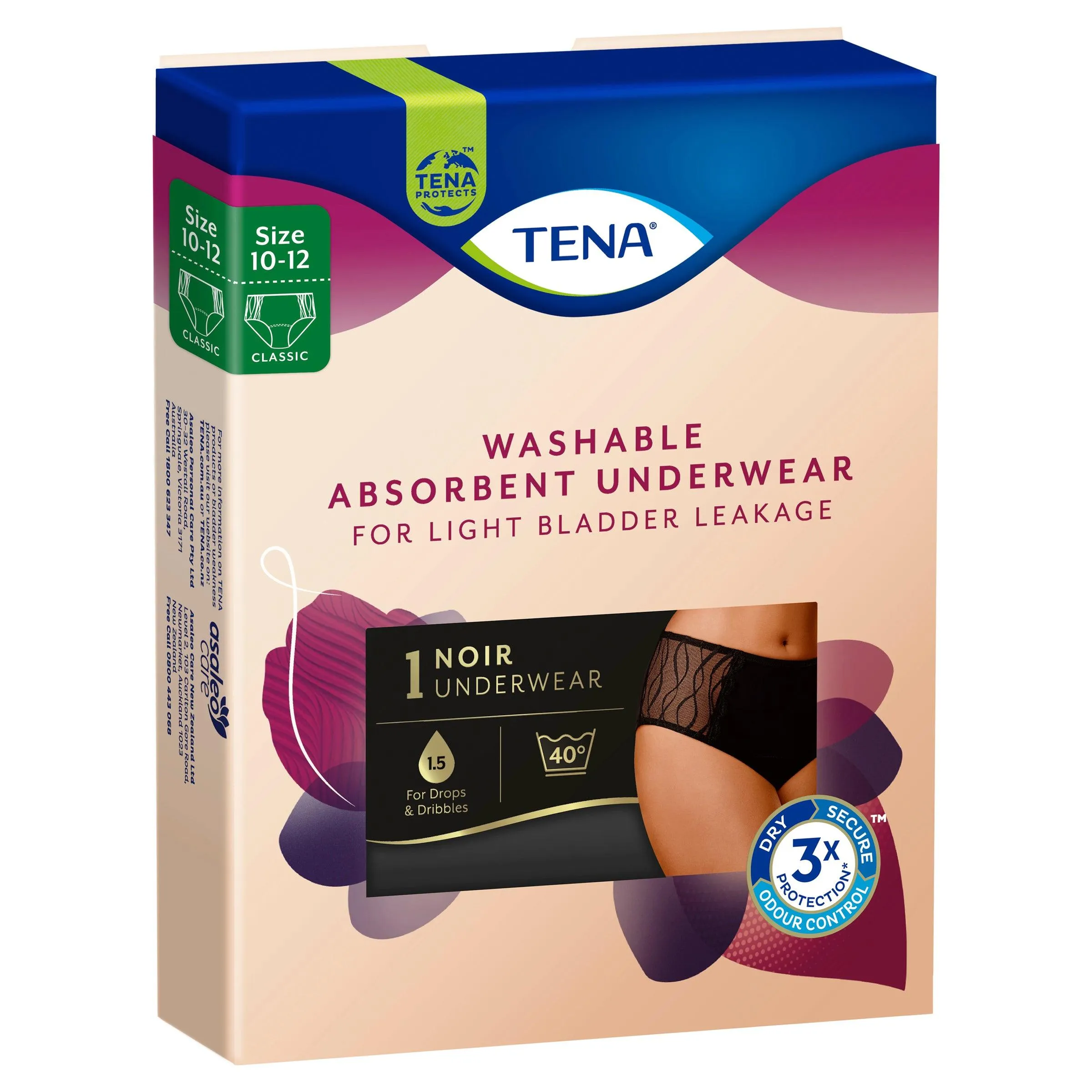 Tena Women's Washable Absorbent Underwear Classic Black Size 10-12 (S) 1 Pack