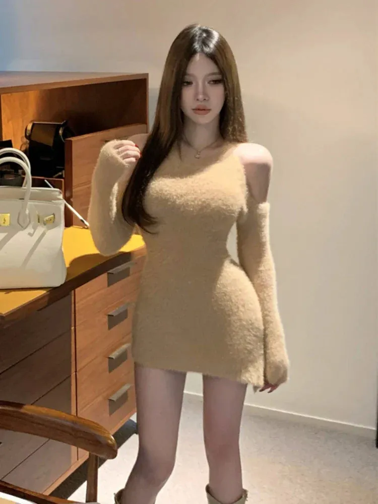 Territory 2024 Autumn Bodycon Knitted Party Dress Women Casual Long Sleeve Elegant Sexy Y2k Mini Dresses Faux Fur One Piece Dress Korean