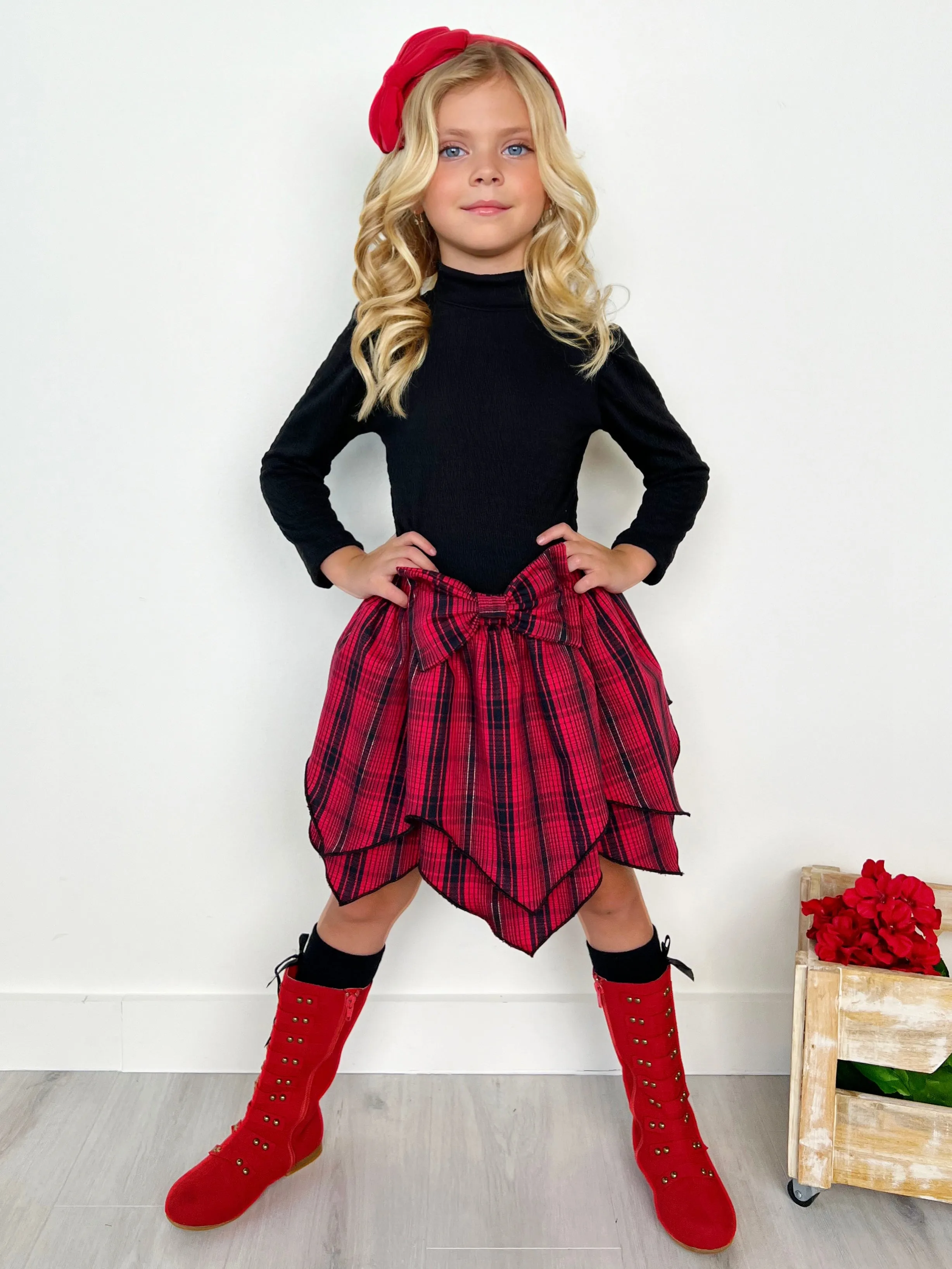 Turtleneck Top and Plaid Hankerchief Skirt Set