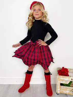 Turtleneck Top and Plaid Hankerchief Skirt Set