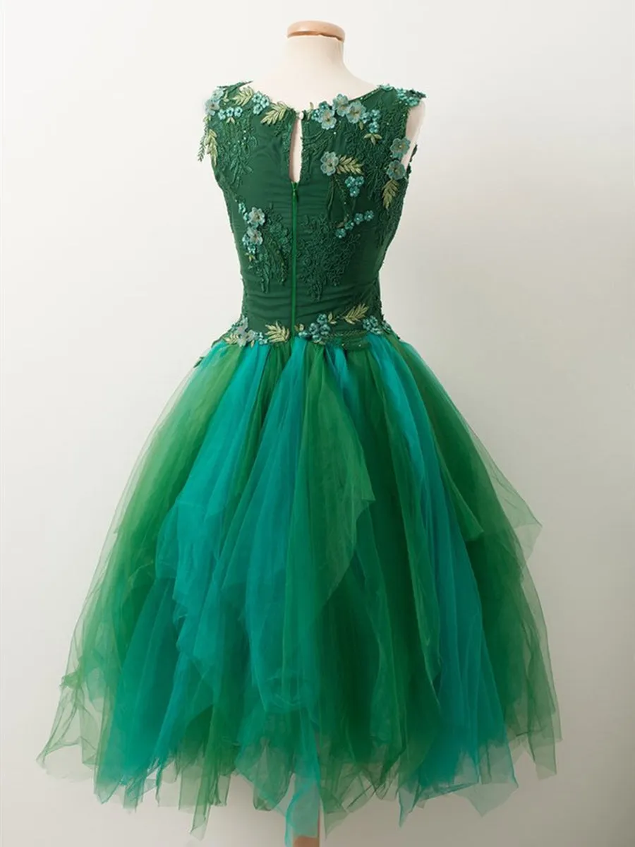 Unique Beaded Floral Short Green Lace Prom, Fluffy Green Lace Formal Graduation Homecoming