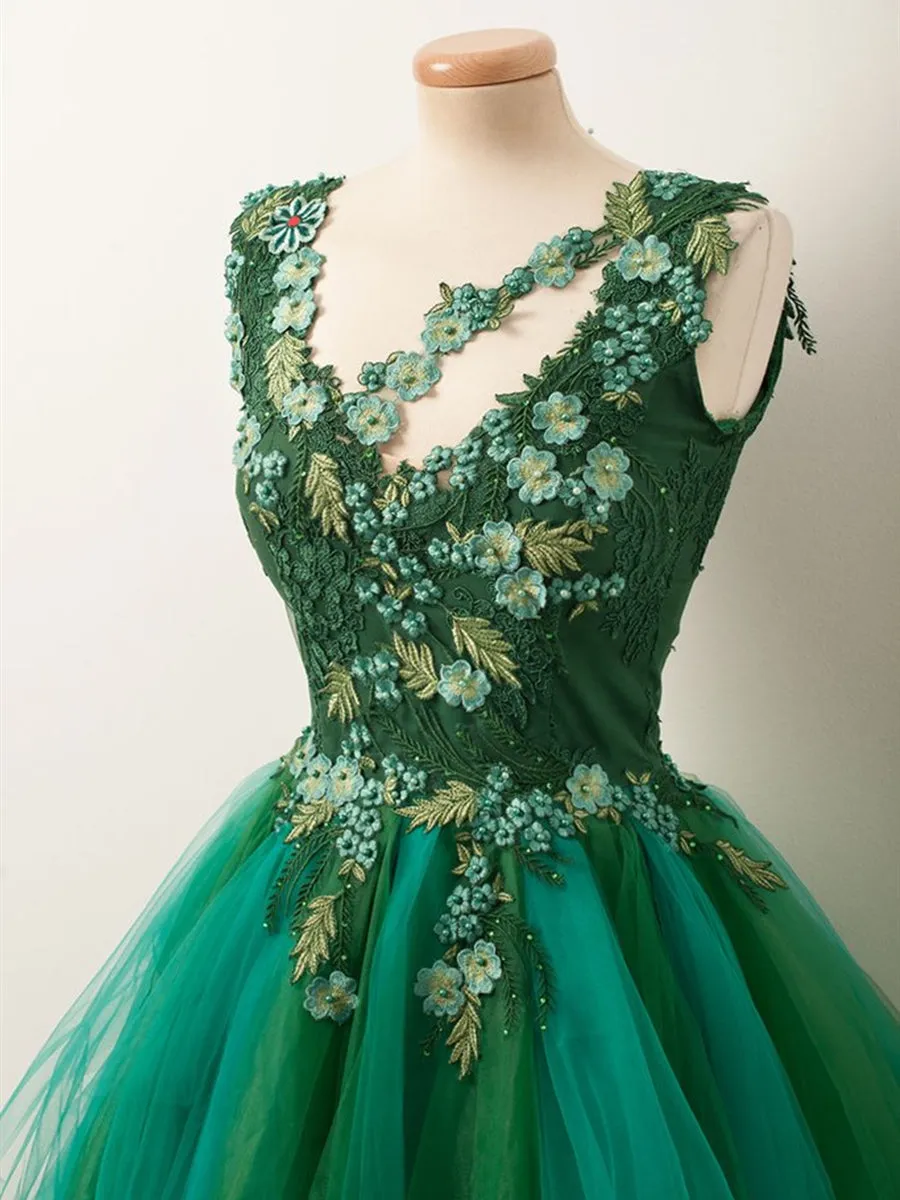 Unique Beaded Floral Short Green Lace Prom, Fluffy Green Lace Formal Graduation Homecoming