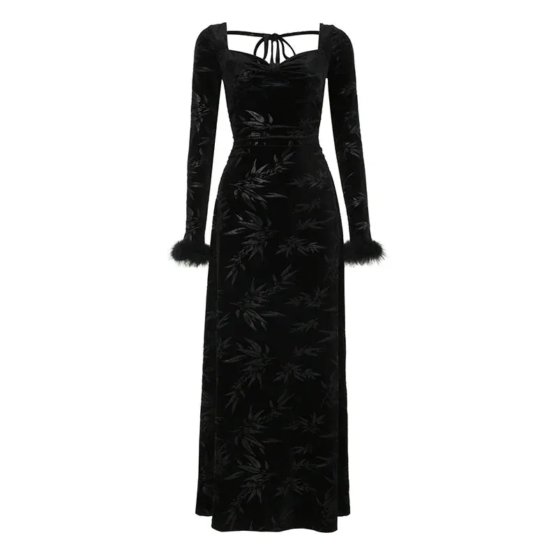 Uniwim Elegant Black Velour Faux Fur Jacquard Dress