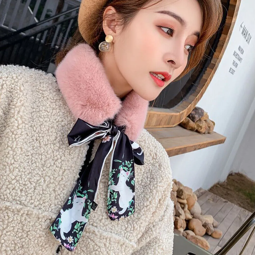 US Women Winter Faux Rabbit Fur Collar Leopard Print Ribbon Tied Bow Scarf Warm