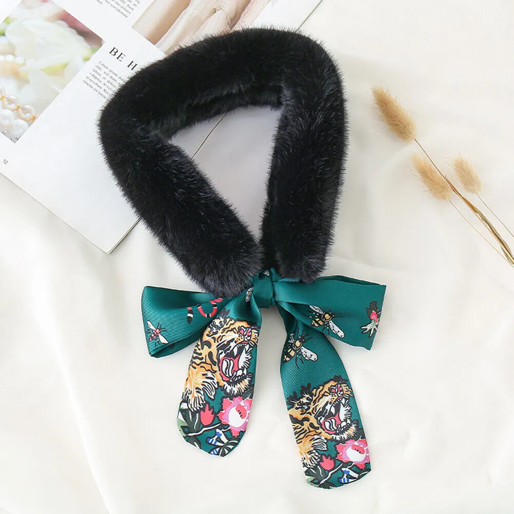 US Women Winter Faux Rabbit Fur Collar Leopard Print Ribbon Tied Bow Scarf Warm