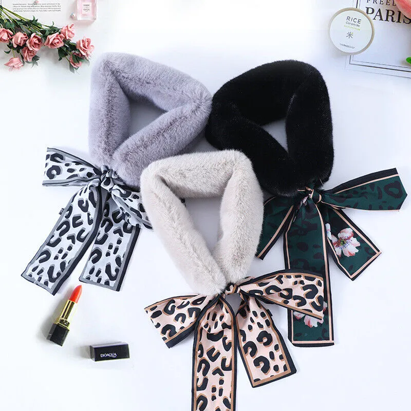 US Women Winter Faux Rabbit Fur Collar Leopard Print Ribbon Tied Bow Scarf Warm