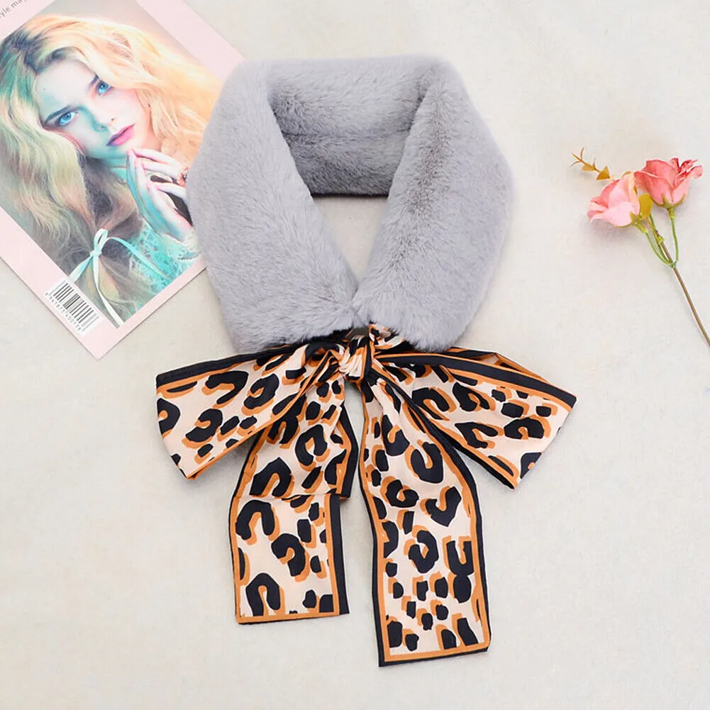 US Women Winter Faux Rabbit Fur Collar Leopard Print Ribbon Tied Bow Scarf Warm