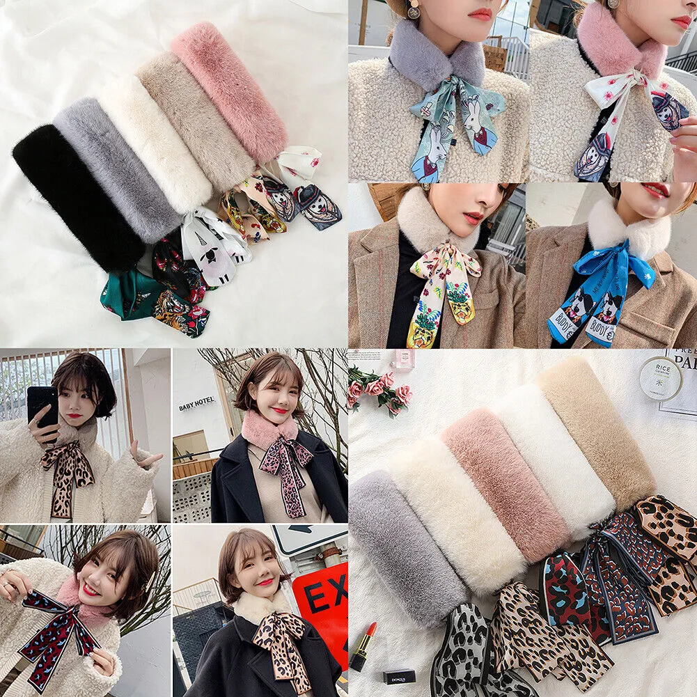 US Women Winter Faux Rabbit Fur Collar Leopard Print Ribbon Tied Bow Scarf Warm