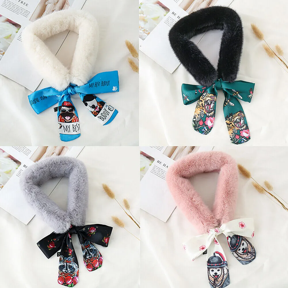 US Women Winter Faux Rabbit Fur Collar Leopard Print Ribbon Tied Bow Scarf Warm