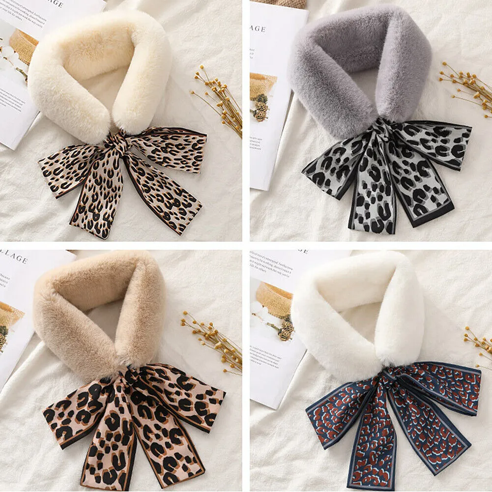 US Women Winter Faux Rabbit Fur Collar Leopard Print Ribbon Tied Bow Scarf Warm