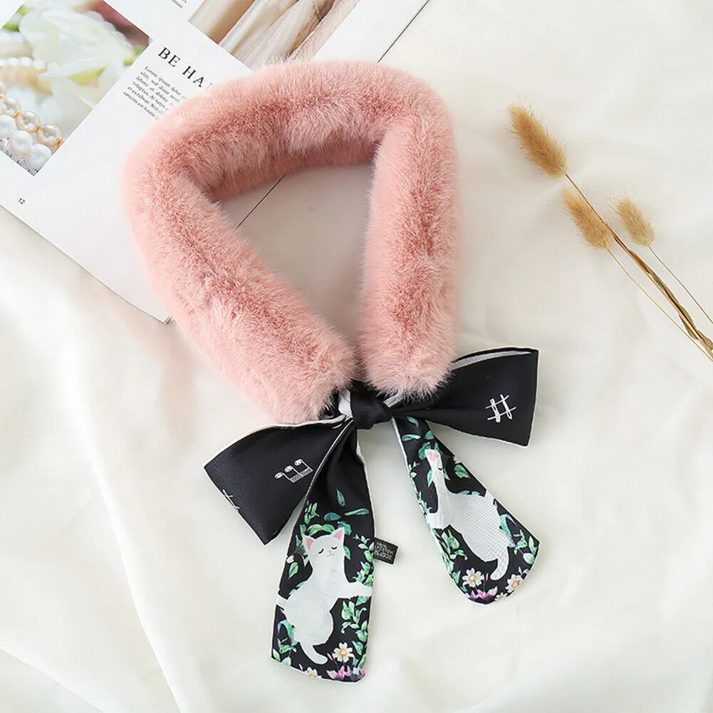 US Women Winter Faux Rabbit Fur Collar Leopard Print Ribbon Tied Bow Scarf Warm