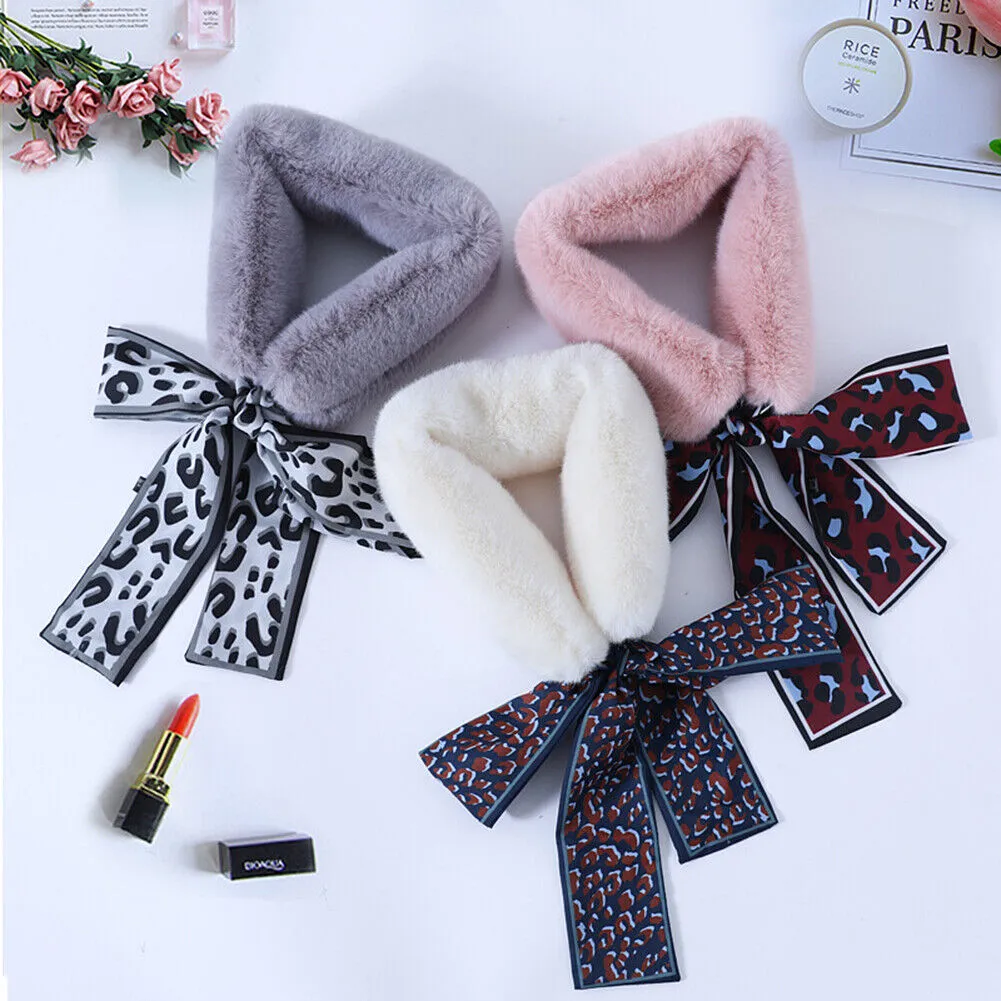 US Women Winter Faux Rabbit Fur Collar Leopard Print Ribbon Tied Bow Scarf Warm