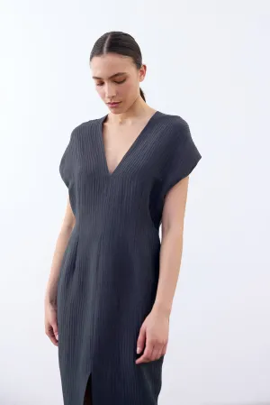 V-Neck Streaked Silk-Linen Long Dress - Lago