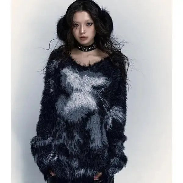 Vevesc Retro Niche Jacquard Imitation Mink Fur Lazy Style Temperament Loose Fitting Pullover Knitted Sweater Autumn Winter