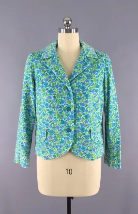 Vintage 1960s Velvet Blazer with Aqua Blue Mod Floral Print