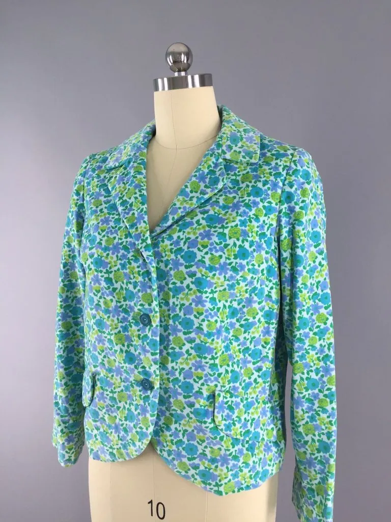 Vintage 1960s Velvet Blazer with Aqua Blue Mod Floral Print