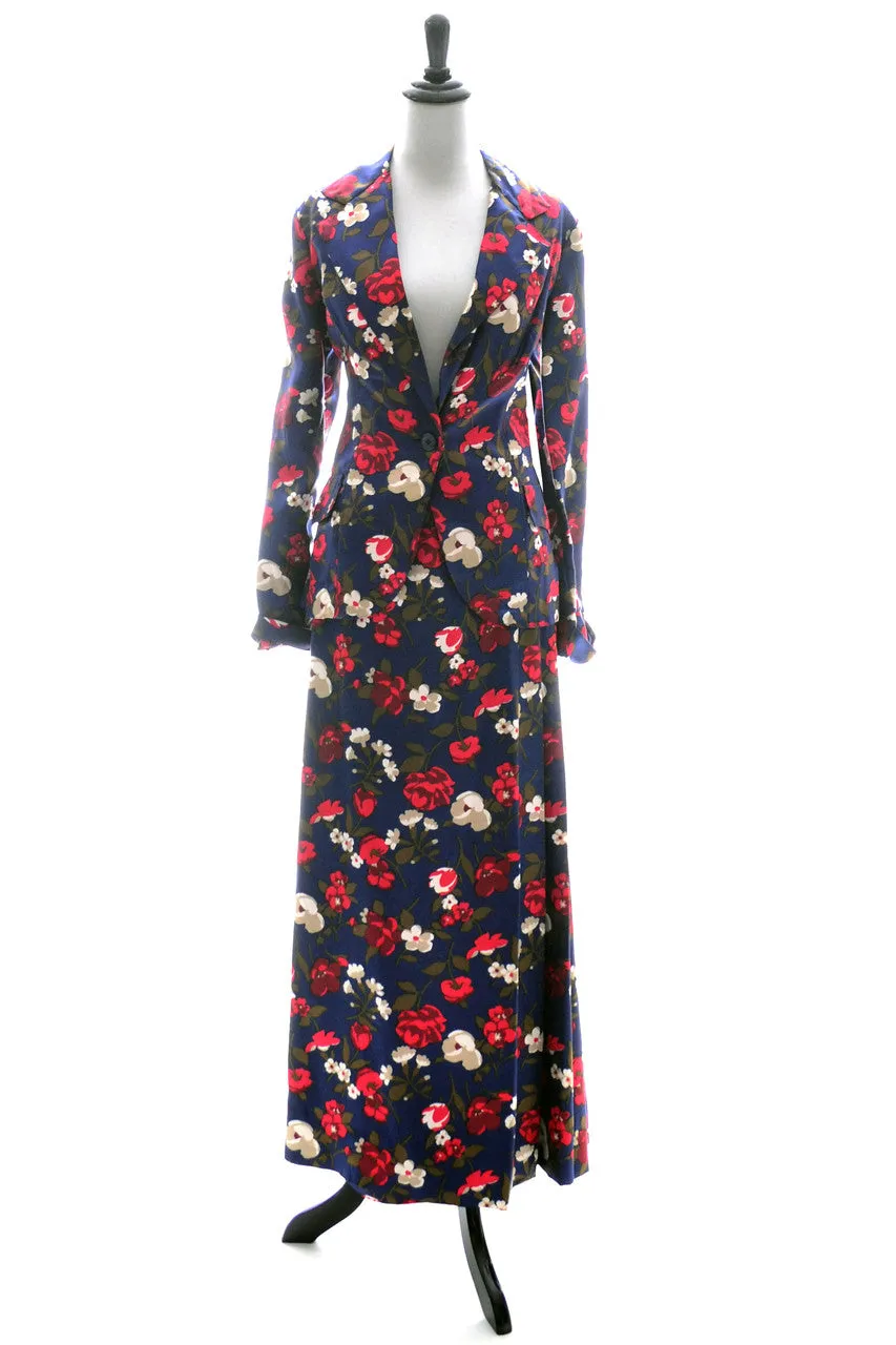 Vintage I Magnin Blue Floral Blazer and Maxi Skirt Suit