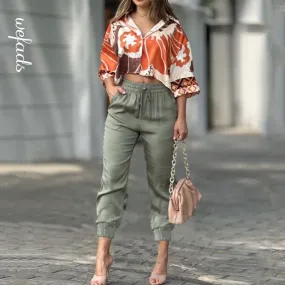 Wefads Women Two Piece Set Casual Lapel V Neck Half Sleeve Printed High Waist Shirt Top Stretch Solid With Pockets Pants Sets