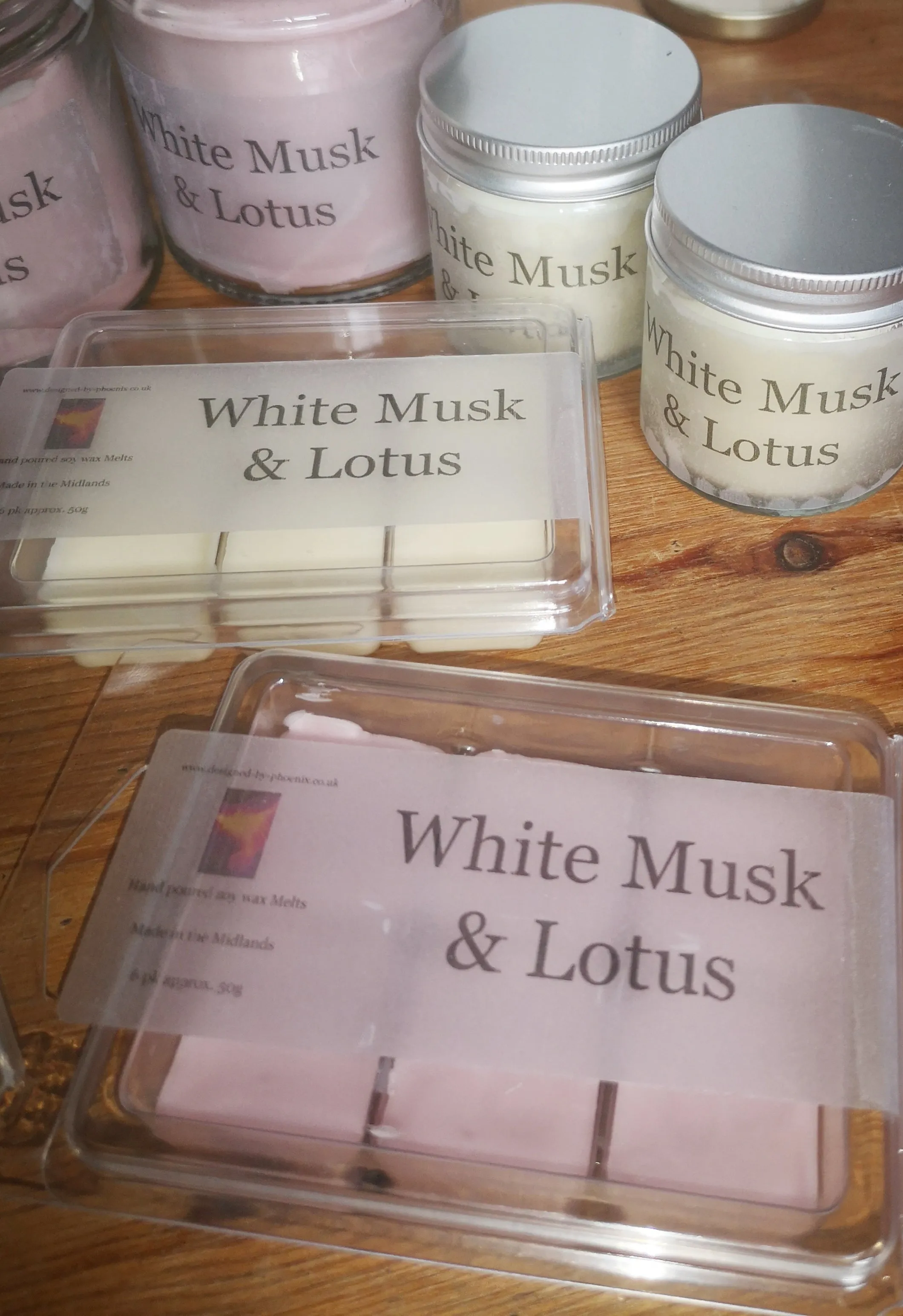 White Musk and Lotus hand poured, wax melts and candles.