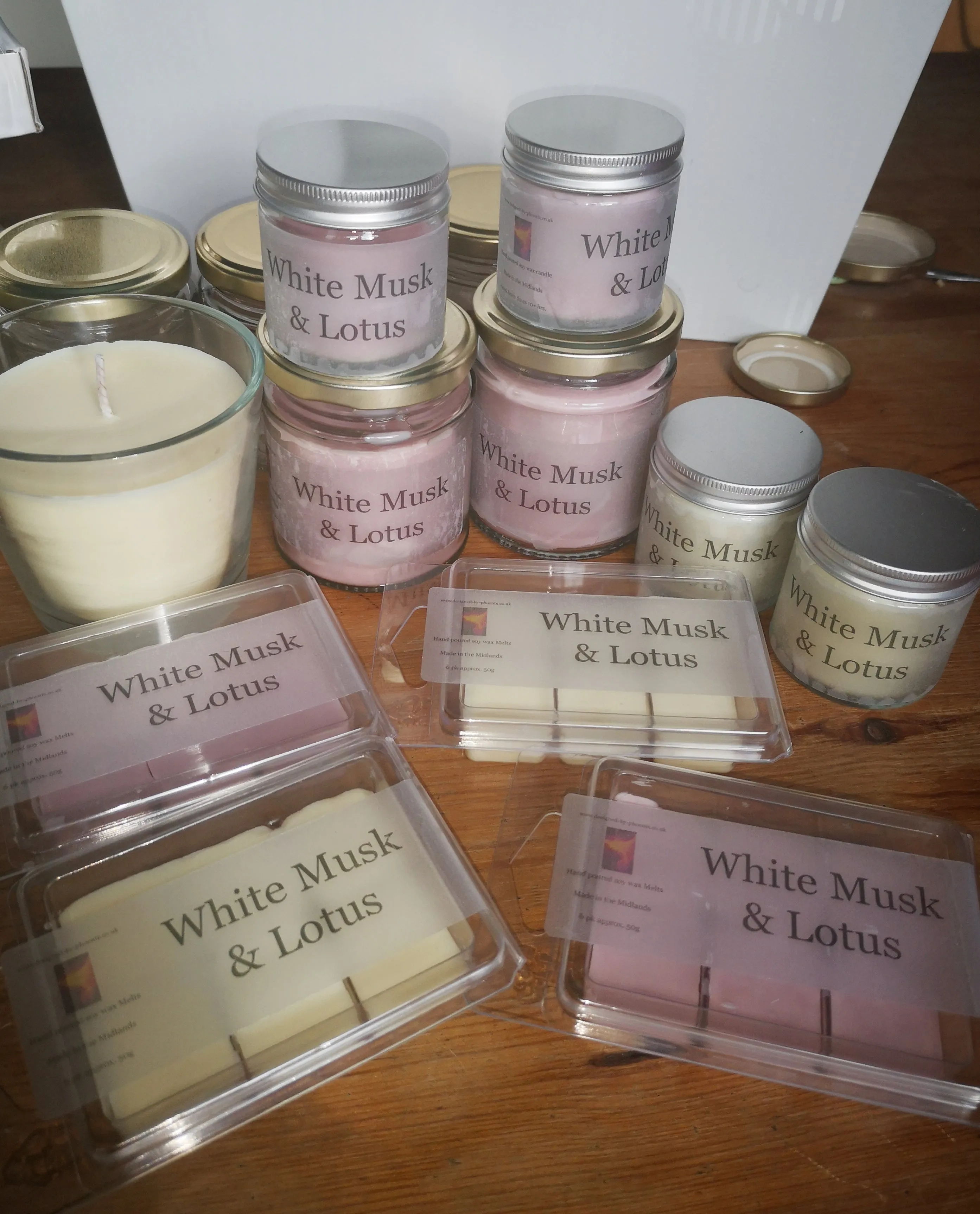 White Musk and Lotus hand poured, wax melts and candles.