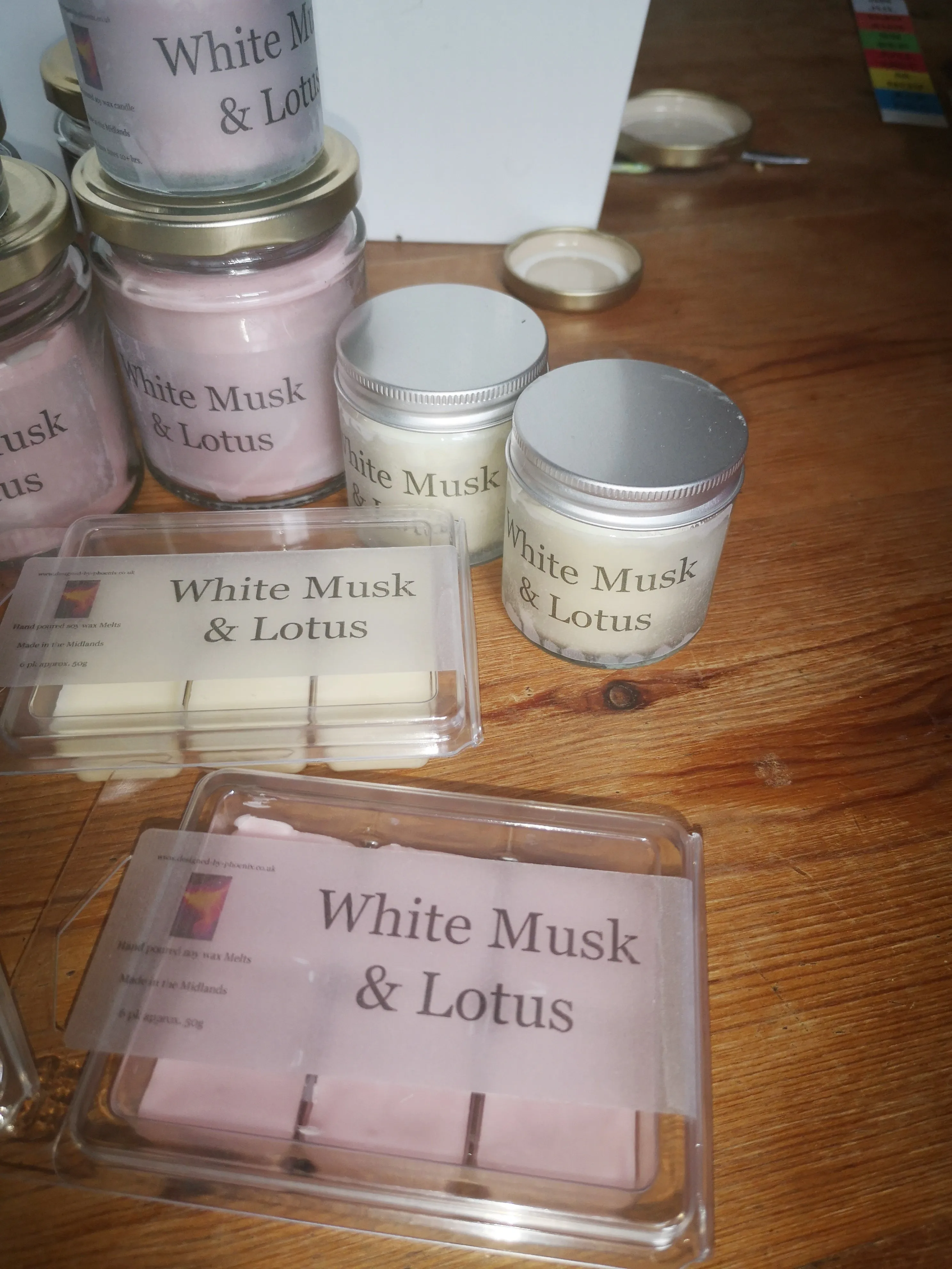 White Musk and Lotus hand poured, wax melts and candles.