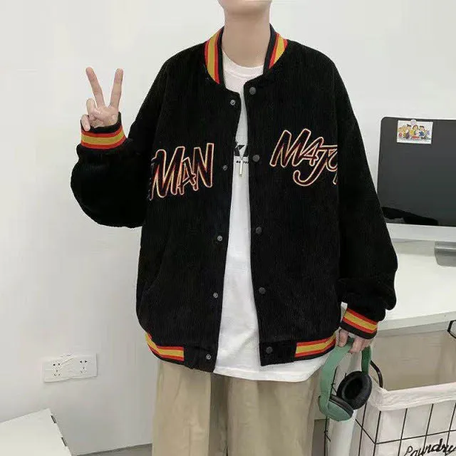 Wiaofellas Ins Hong Kong Wind Corduroy Baseball Coat Men's Spring and Autumn Retro Student Cardigan Trend Loose Couple Jacket