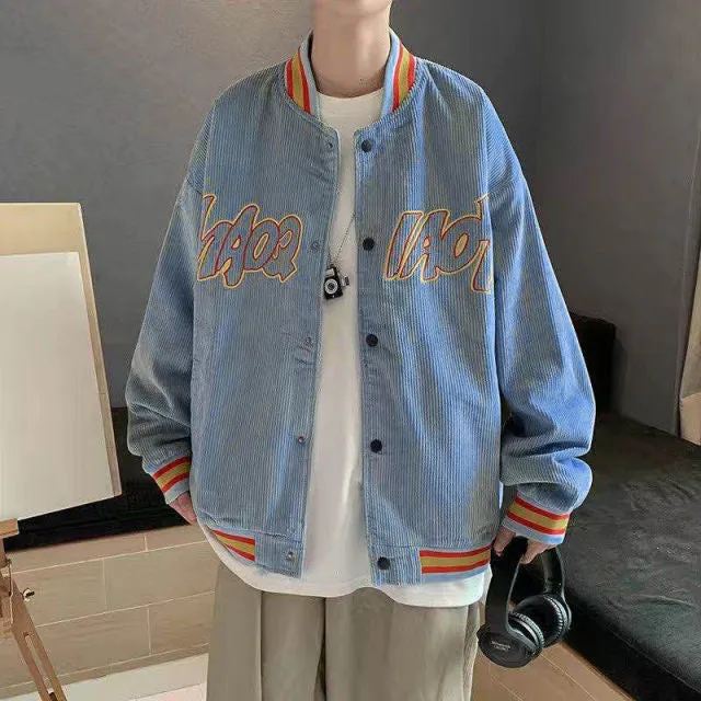 Wiaofellas Ins Hong Kong Wind Corduroy Baseball Coat Men's Spring and Autumn Retro Student Cardigan Trend Loose Couple Jacket