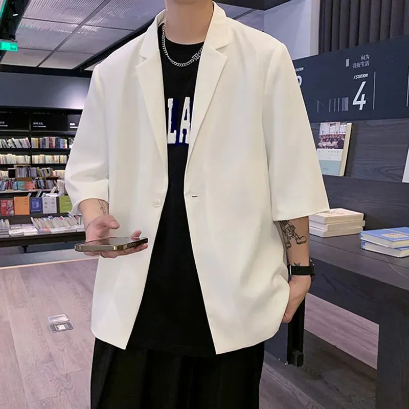 Wiaofellas  -  Summer Men's Short Sleeve Casual Blazer Jacket Black White Thin Oversize Suit Coat Male Solid One Button Loose Outerwear Clothes