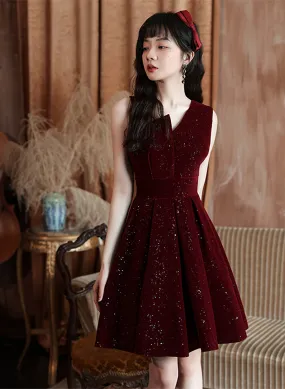 Wine Red Shiny Velvet Short Party Dress, A-line Short Homecoming Dress Prom Dress