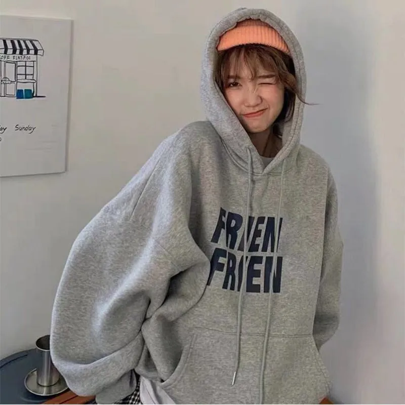 Wjczt Korean Fashion New Grey Loose Fleece Pullover Vintage Pocket Letter Printing Sweatshirt Lazy Casual Raglan Sleeves Hoodie Autumn