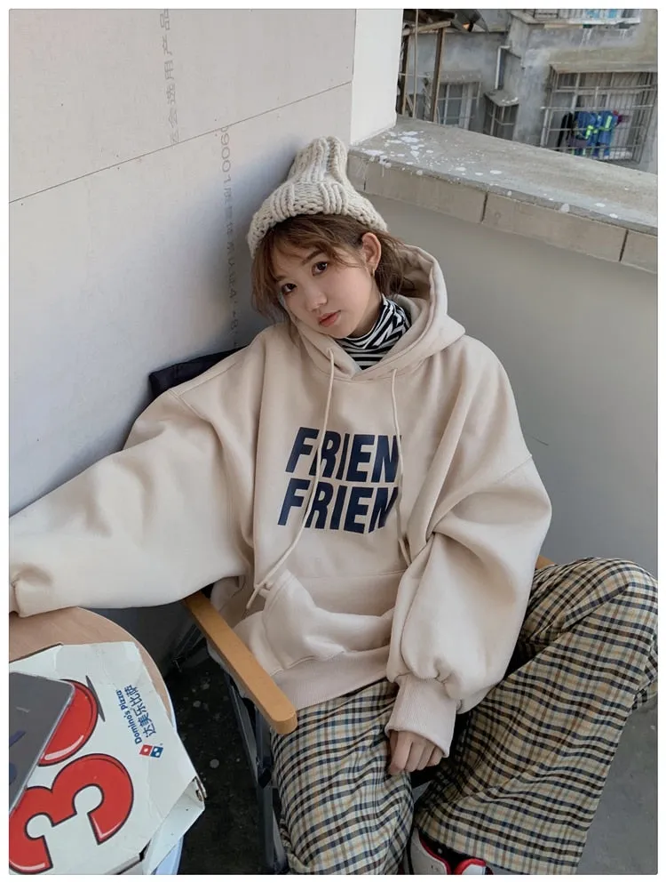 Wjczt Korean Fashion New Grey Loose Fleece Pullover Vintage Pocket Letter Printing Sweatshirt Lazy Casual Raglan Sleeves Hoodie Autumn