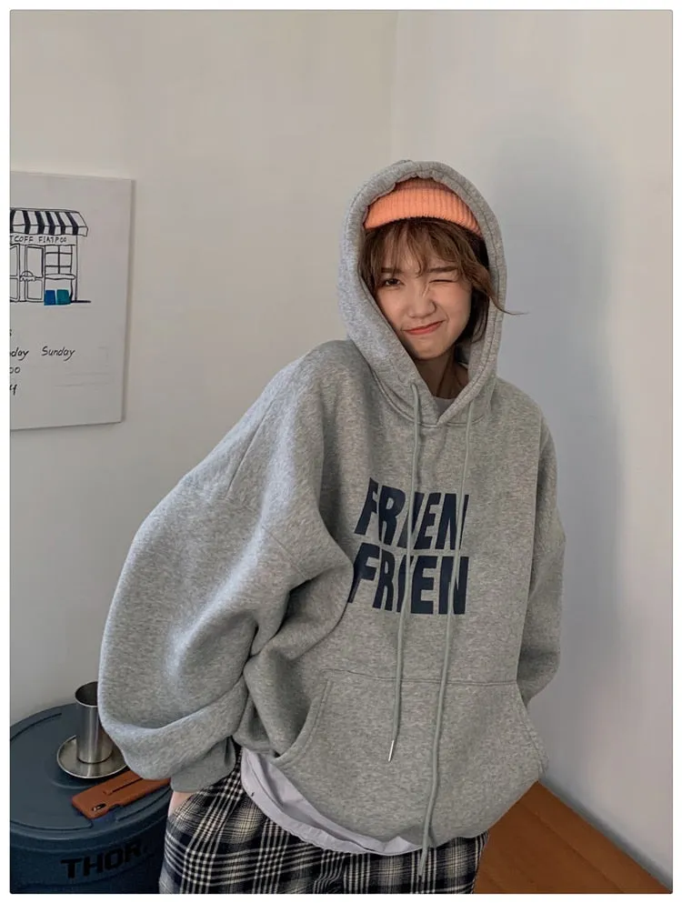 Wjczt Korean Fashion New Grey Loose Fleece Pullover Vintage Pocket Letter Printing Sweatshirt Lazy Casual Raglan Sleeves Hoodie Autumn