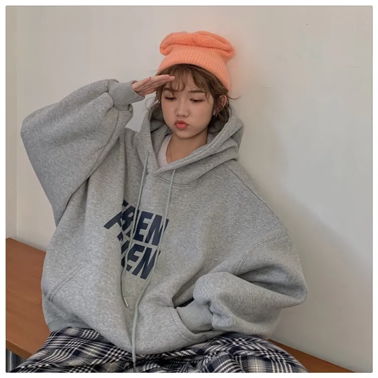 Wjczt Korean Fashion New Grey Loose Fleece Pullover Vintage Pocket Letter Printing Sweatshirt Lazy Casual Raglan Sleeves Hoodie Autumn