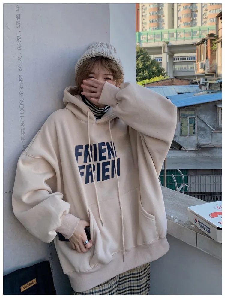 Wjczt Korean Fashion New Grey Loose Fleece Pullover Vintage Pocket Letter Printing Sweatshirt Lazy Casual Raglan Sleeves Hoodie Autumn