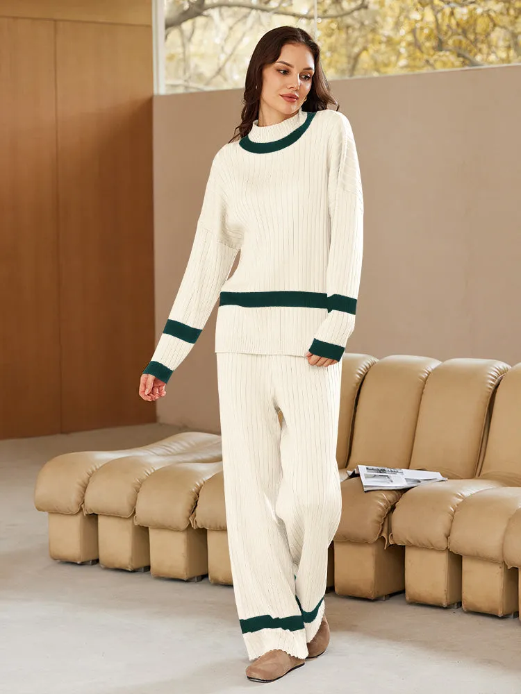 Women 2 Piece Knitted Outfits Stripe Casual Pajamas Sweatsuit