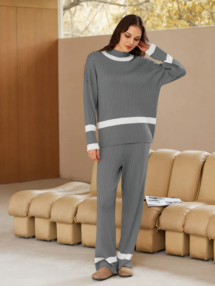 Women 2 Piece Knitted Outfits Stripe Casual Pajamas Sweatsuit