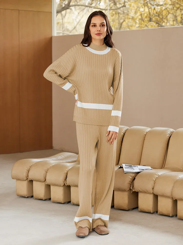 Women 2 Piece Knitted Outfits Stripe Casual Pajamas Sweatsuit