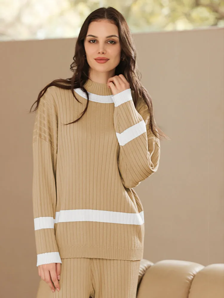 Women 2 Piece Knitted Outfits Stripe Casual Pajamas Sweatsuit