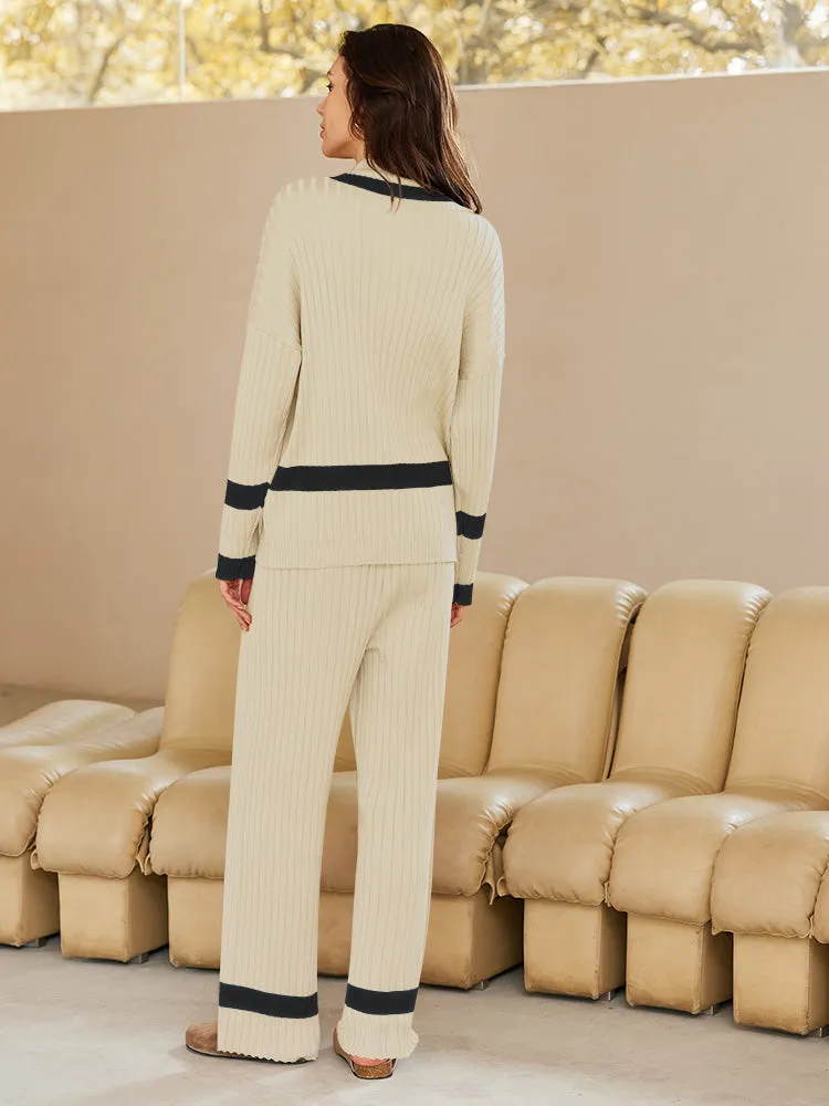 Women 2 Piece Knitted Outfits Stripe Casual Pajamas Sweatsuit