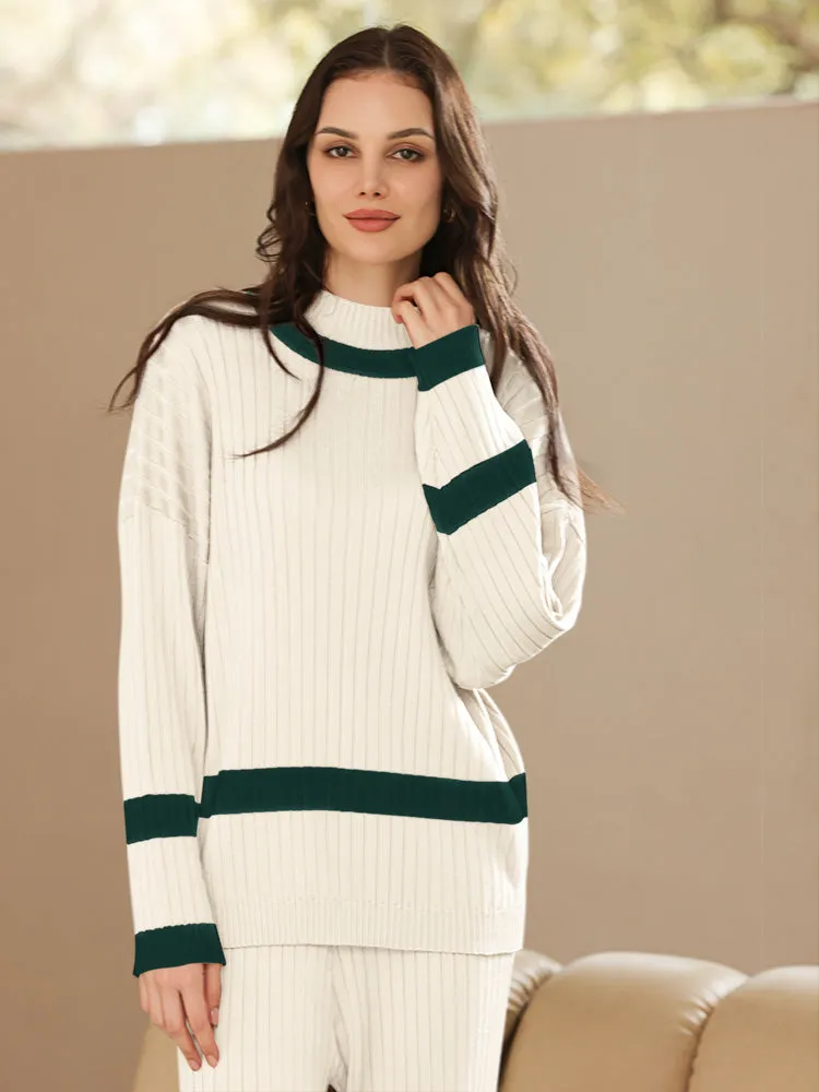 Women 2 Piece Knitted Outfits Stripe Casual Pajamas Sweatsuit